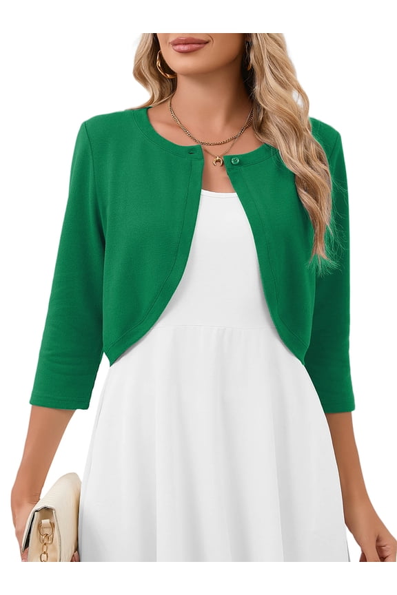 Women's 3/4 Sleeve Cropped Cardigans Sweaters Lightweight Open Front Short Shrugs for Dresses, Green L