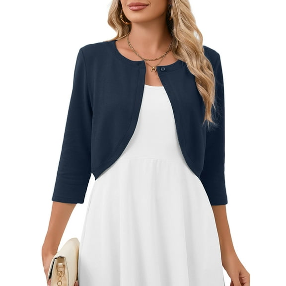Chiclily Women's 3/4 Sleeve Cropped Cardigans Sweaters Lightweight Open Front Short Shrugs for Dresses, Navy Blue L