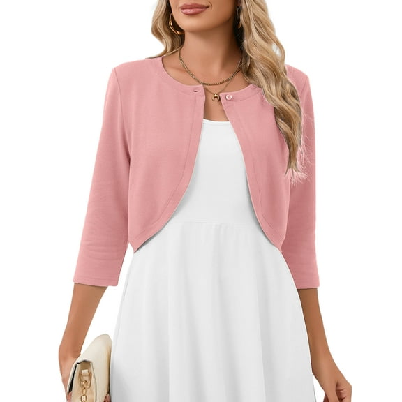 Chiclily Women's 3/4 Sleeve Cropped Cardigans Sweaters Lightweight Open Front Short Shrugs for Dresses, Pink L