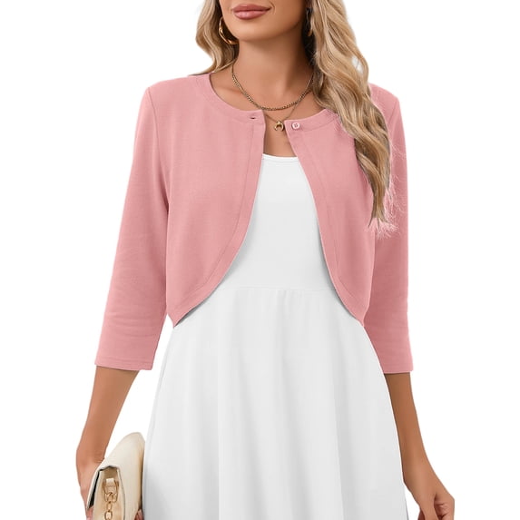 Chiclily Women's 3/4 Sleeve Cropped Cardigans Sweaters Lightweight Open Front Short Shrugs for Dresses, Pink M