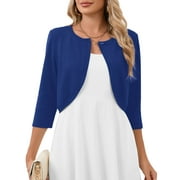 CHICLILY Women's 3/4 Sleeve Cropped Cardigans Sweaters Lightweight Open Front Short Shrugs for Dresses, Royal Blue XL