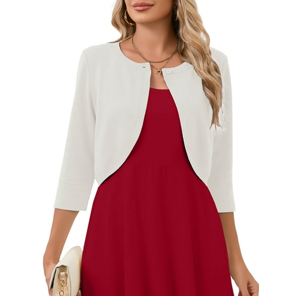 Chiclily Women's 3/4 Sleeve White Cropped Cardigans Sweaters Lightweight Open Front Short Shrugs for Dresses, Size L