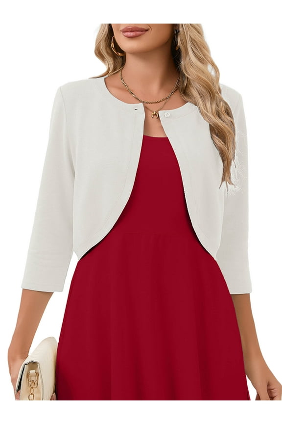 Women's 3/4 Sleeve White Cropped Cardigans Sweaters Lightweight Open Front Short Shrugs for Dresses, Size L