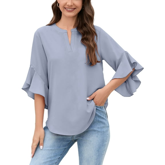 Chiclily Women's Casual Office Top Split V Neckline 3/4 Ruffle Sleeve Dressy Shirt Blouse, US Size 2XL in Grey Blue