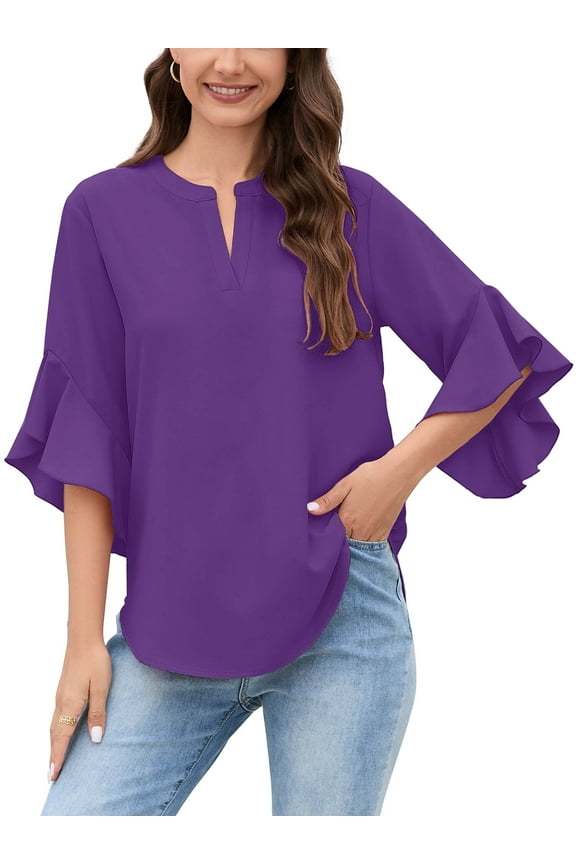 Women's Casual Office Top Split V Neckline 3/4 Ruffle Sleeve Dressy Shirt Blouse, US Size 2XL in Purple