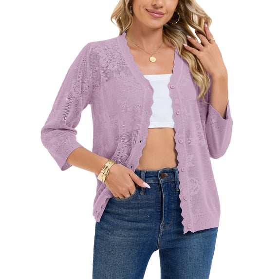 Chiclily Women's Cropped Cardigan Sweaters 3/4 Sleeve Button Down Crochet Textured Shrug S-2XL