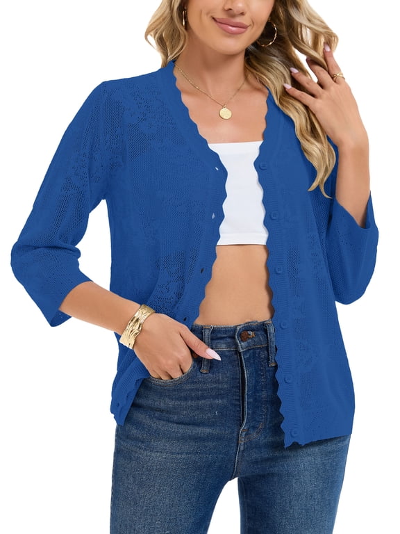 Women's 3/4 Sleeve Cropped Cardigan Sweaters Button Down Crochet Textured Shrugs