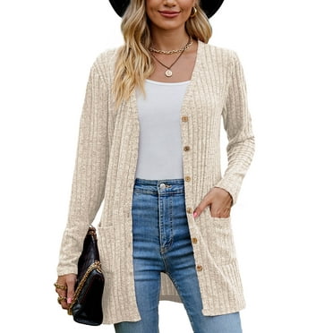 Chiclily Women's Fall Cardigan Lightweight Soft Knit Cardigan Apricot Large Long Sleeve Open Front Coat with Pockets