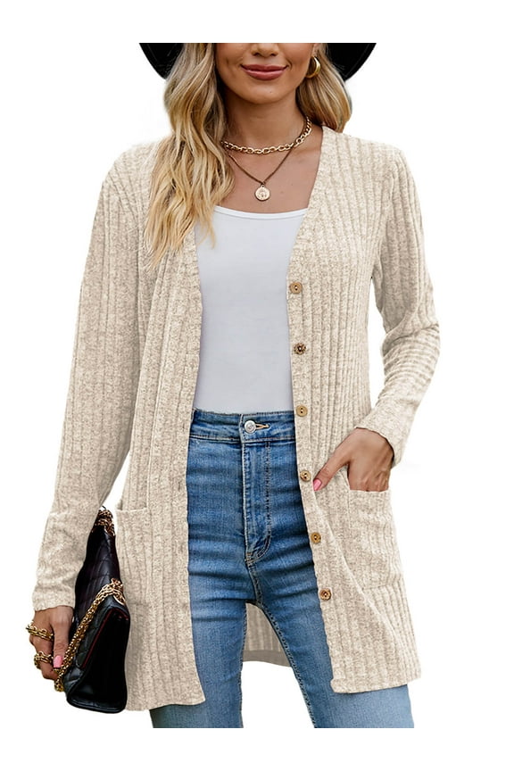 Women's Fall Cardigan Lightweight Soft Knit Cardigan Apricot Large Long Sleeve Open Front Coat with Pockets