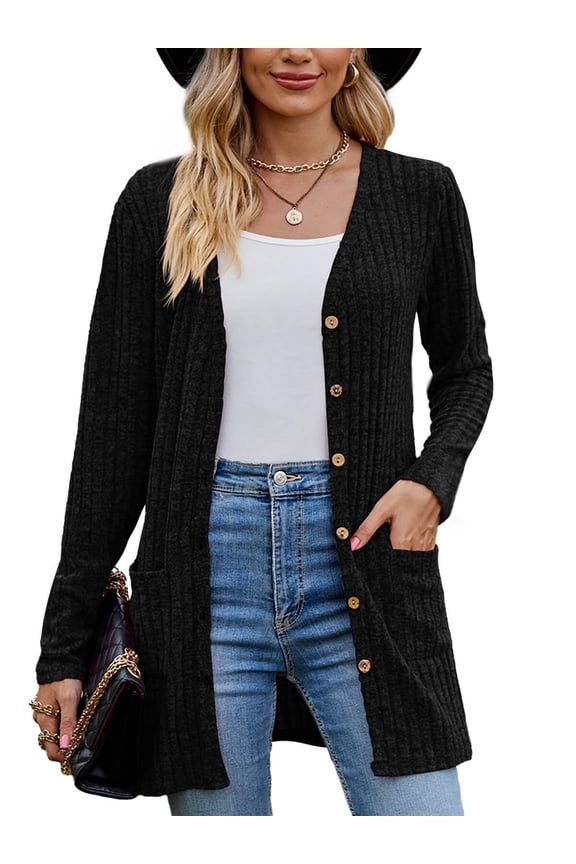 Women's Fall Cardigan Lightweight Soft Knit Cardigan Black 2XL Long Sleeve Open Front Coat with Pockets