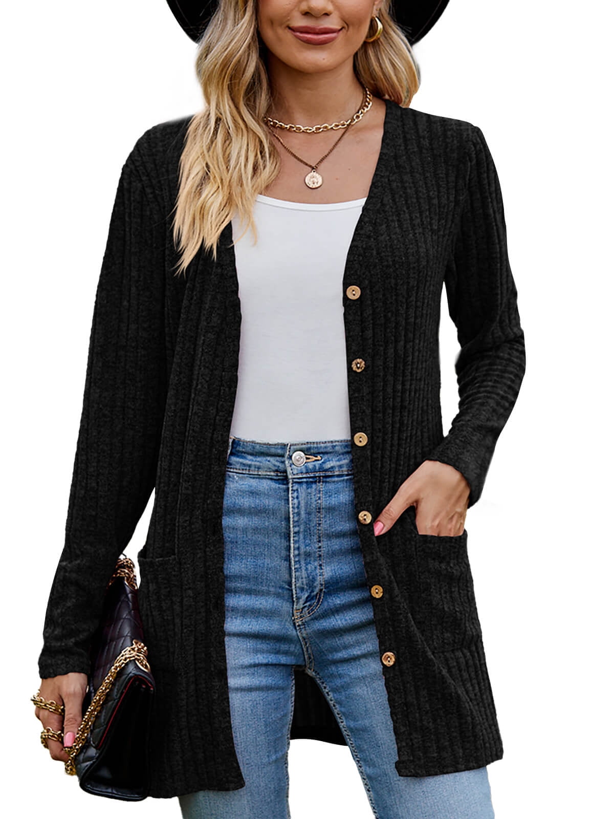 Ostrich Trimmed Black Soft Knit Cardigan