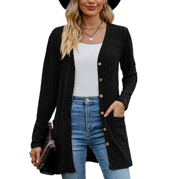 Chiclily Women's Fall Cardigan Lightweight Soft Knit Cardigan Black XL Long Sleeve Open Front Coat with Pockets