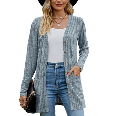 Chiclily Women's Fall Cardigan Lightweight Soft Knit Cardigan Blue Large Long Sleeve Open Front Coat with Pockets