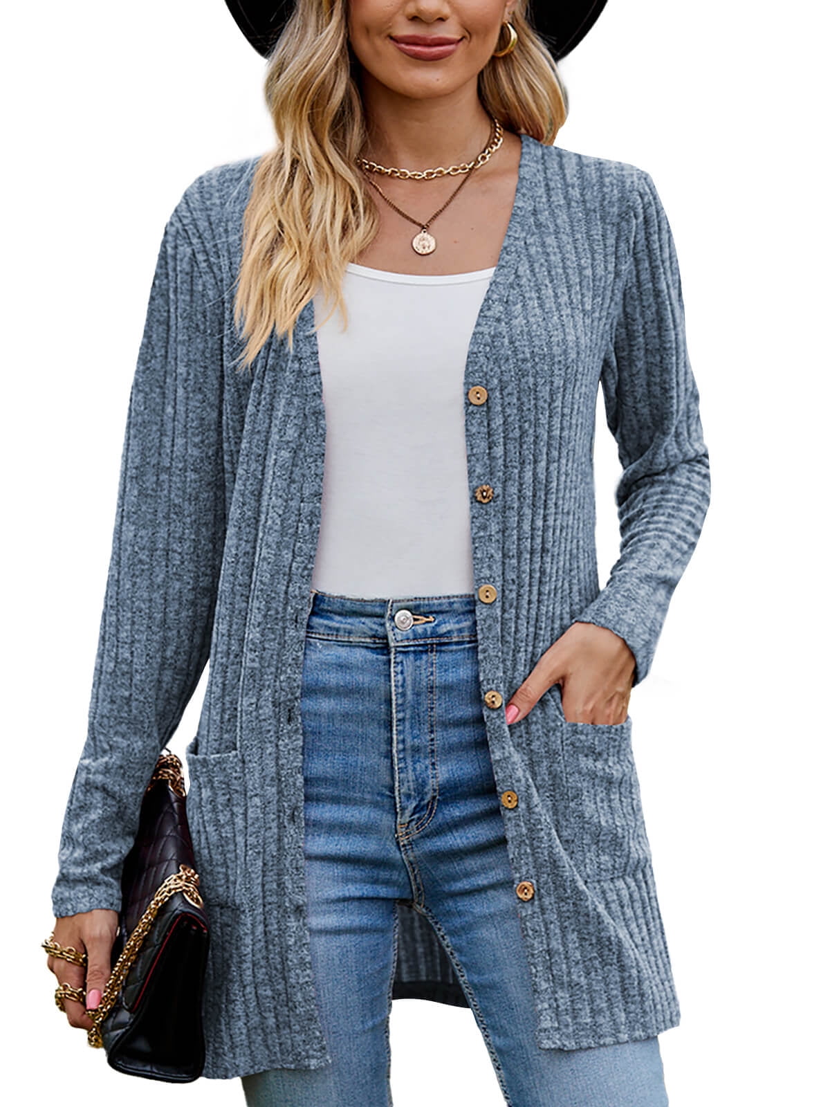 Chiclily Women's Fall Cardigan Lightweight Soft Knit Cardigan Blue