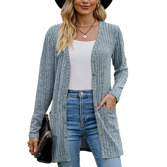 Chiclily Women's Fall Cardigan Lightweight Soft Knit Cardigan Blue XL Long Sleeve Open Front Coat with Pockets