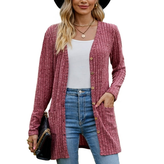 Chiclily Women's Fall Cardigan Lightweight Soft Knit Cardigan Burgundy Large Long Sleeve Open Front Coat with Pockets