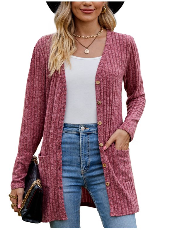 Women's Fall Cardigan Lightweight Soft Knit Cardigan Burgundy Large Long Sleeve Open Front Coat with Pockets
