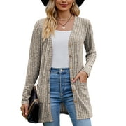 Women's Fall Cardigan Lightweight Soft Knit Cardigan Khaki Small Long Sleeve Open Front Coat with Pockets