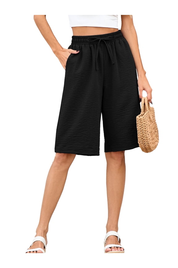 Women's High Waisted Bermuda Shorts, Casual Summer Linen Feel Wide Leg Lounge Shorts with Pockets Drawstring Black Shorts, Size L