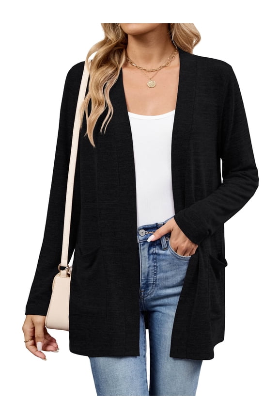 Women's Lightweight Cardigan Sweaters Open Front Long Sleeve Casual Brushed Knit Long Cardigans with Pockets, Black Size L