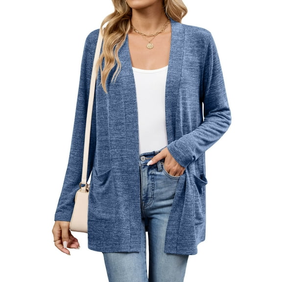 Chiclily Women's Lightweight Cardigan Sweaters Open Front Long Sleeve Casual Brushed Knit Long Cardigans with Pockets, Blue Size L