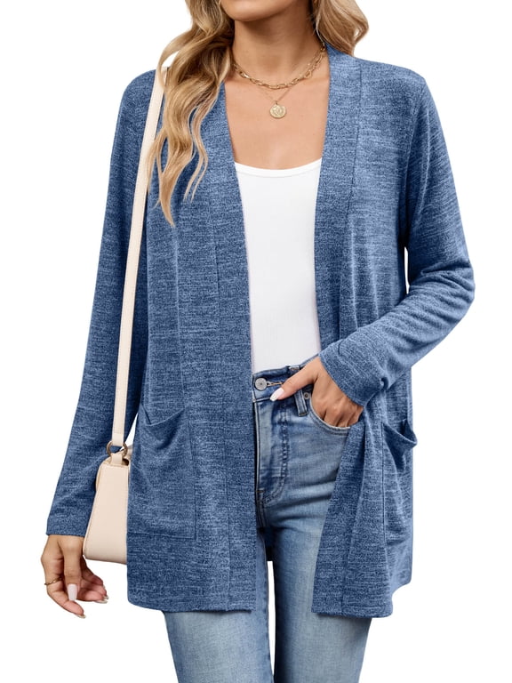 Women's Lightweight Cardigan Sweaters Open Front Long Sleeve Casual Brushed Knit Long Cardigans with Pockets, Blue Size L