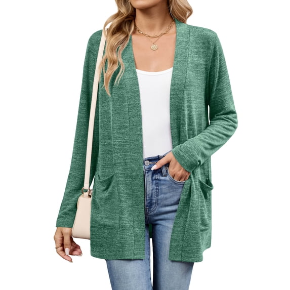 Chiclily Women's Lightweight Cardigan Sweaters Open Front Long Sleeve Casual Brushed Knit Long Cardigans with Pockets, Green Size M