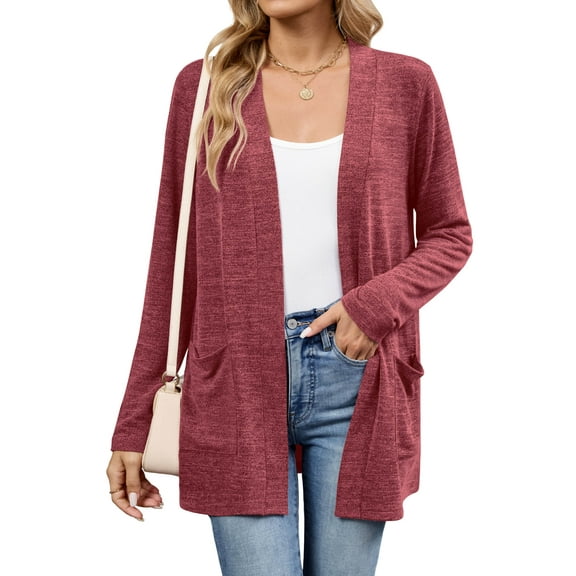 Chiclily Women's Lightweight Cardigan Sweaters Open Front Long Sleeve Casual Brushed Knit Long Cardigans with Pockets, Red Size L