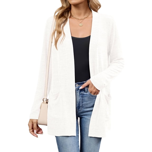 Chiclily Women's Lightweight Cardigan Sweaters Open Front Long Sleeve Casual Brushed Knit Long Cardigans with Pockets, White Size M