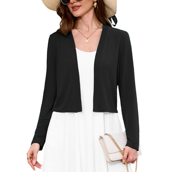 Chiclily Women's Long Sleeve Black Cropped Cardigans Sweaters Open Front Knit Short Shrugs for Dresses, Size L