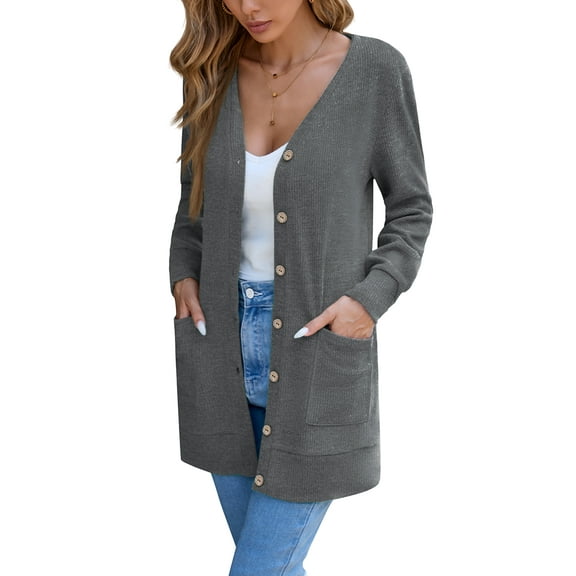 Chiclily Women's Long Sleeve Cardigan Sweater Lightweight Open Front Knit Cardigan Tops with Pockets, Dark Gray 2XL