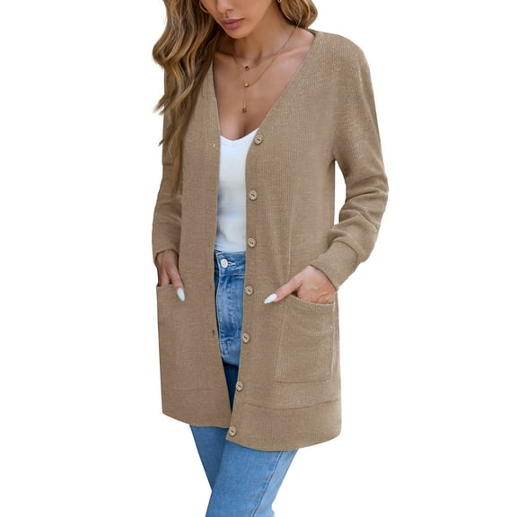 Chiclily Women's Long Sleeve Cardigan Sweater Lightweight Open Front Knit Cardigan Tops with Pockets, Latte L