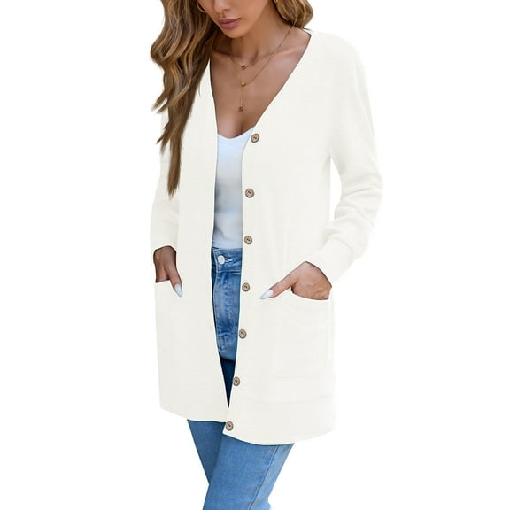 Chiclily Women's Long Sleeve Cardigan Sweater Lightweight Button Down Knit Coat for Fall with Pockets, Beige White L