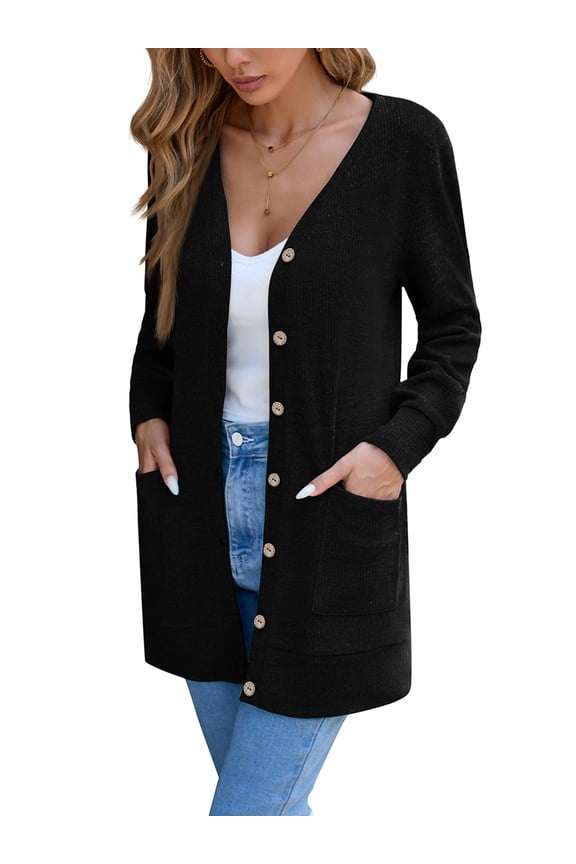 Women's Long Sleeve Cardigan Sweater Lightweight Button Down Knit Coat for Fall with Pockets, Black 2XL