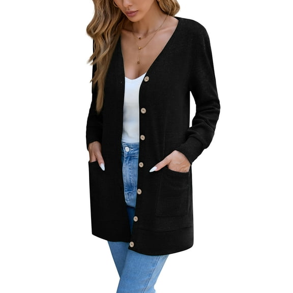 Chiclily Women's Long Sleeve Cardigan Sweater Lightweight Button Down Knit Coat for Fall with Pockets, Black S