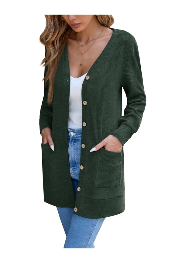 Women's Long Sleeve Cardigan Sweater Lightweight Button Down Knit Coat for Fall with Pockets, Dark Green S