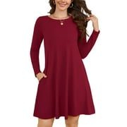 CHICLILY Women's Long Sleeve Casual Dress Burgundy Large Tunic Dress Loose T-Shirt Dress with Pockets