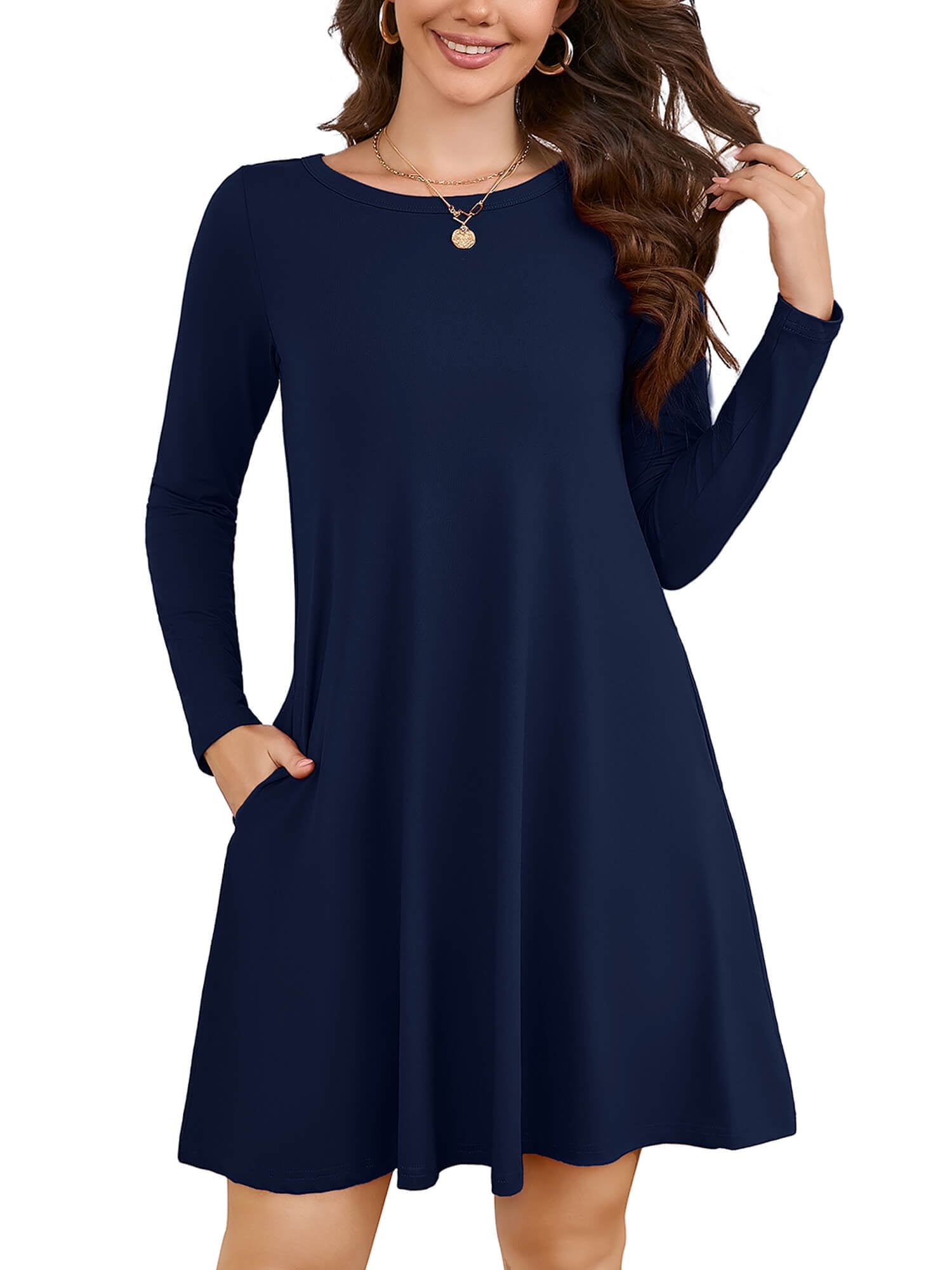 Blue Tunic Dress Yumi Chambray Cotton Relaxed Tunic Dress, Blue Blue Tunic Dress Yumi Chambray Cotton Relaxed Tunic Dress, Blue