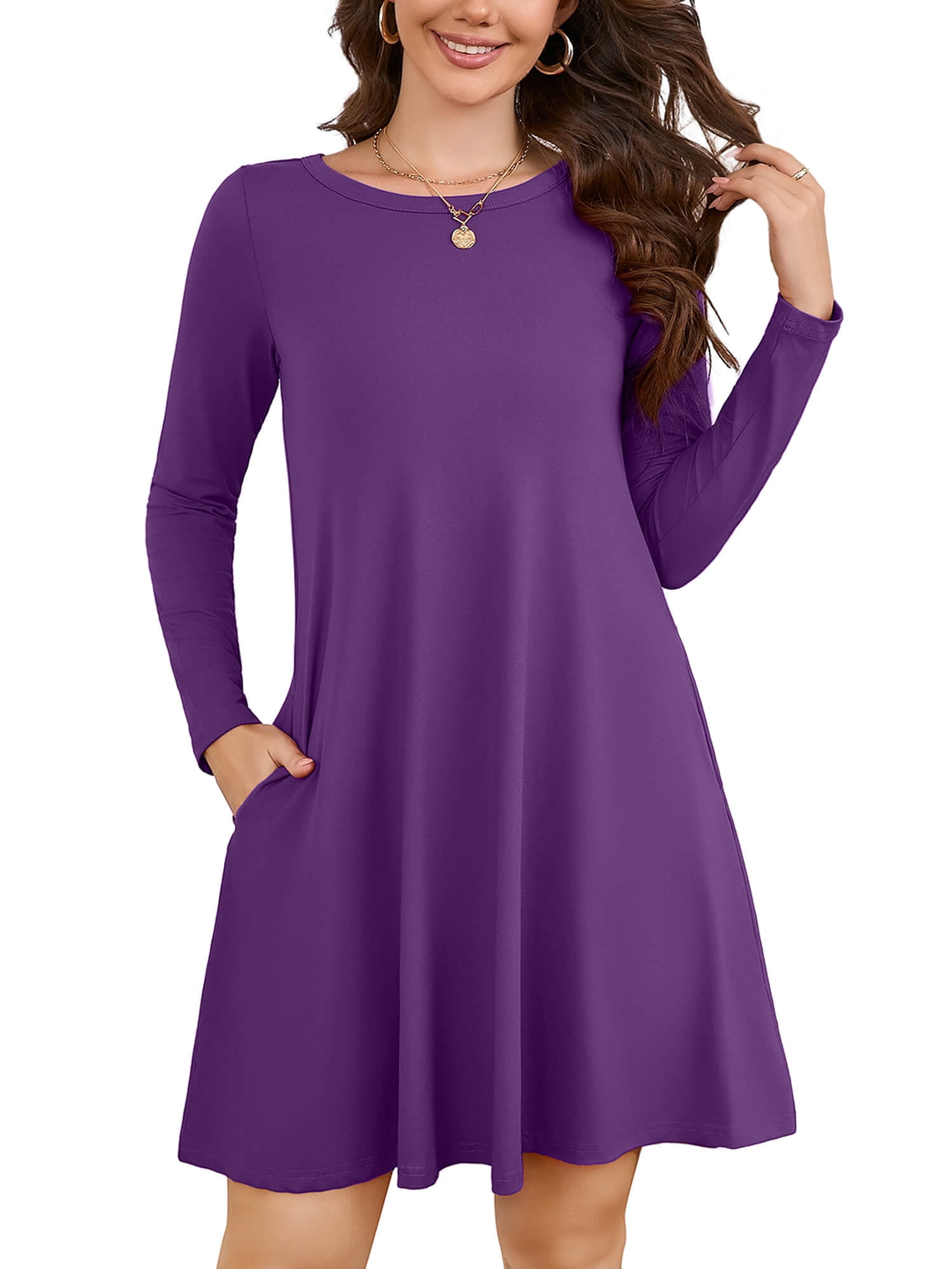 Chiclily Women's Long Sleeve Casual Dress Purple Medium Tunic Dress ...