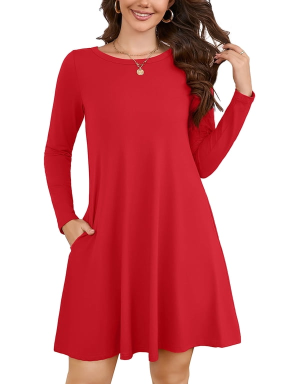 Women's Long Sleeve Casual Dress Red Large Tunic Dress Loose T-Shirt Dress with Pockets
