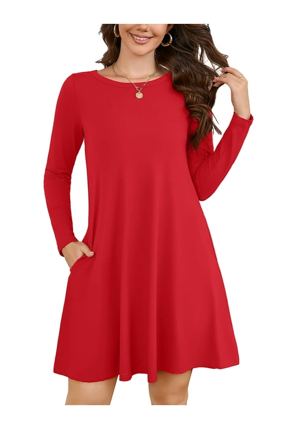 Women's Long Sleeve Casual Dress Red Small Tunic Dress Loose T-Shirt Dress with Pockets