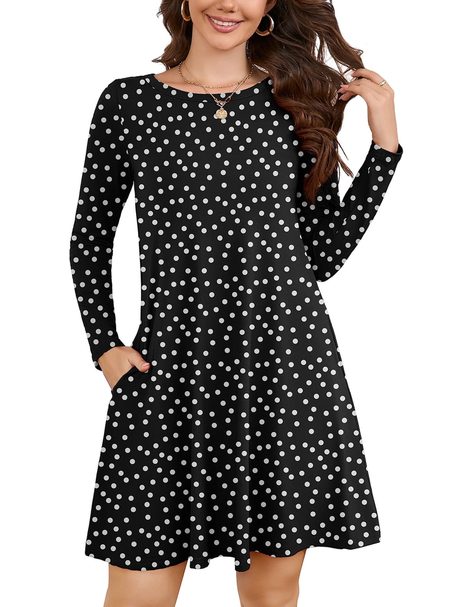 Chiclily Women's Long Sleeve Casual Dress Tunic Dress Loose T-Shirt Dress  with Pockets, Polka Dot Black Size Medium - Walmart.com