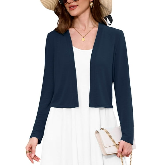 Chiclily Women's Long Sleeve Cropped Cardigans Sweaters Open Front Knit Short Shrugs for Dresses, Navy Blue L
