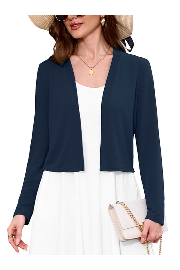 Women's Long Sleeve Cropped Cardigans Sweaters Open Front Knit Short Shrugs for Dresses, Navy Blue S