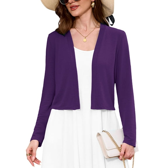 Chiclily Women's Long Sleeve Cropped Cardigans Sweaters Open Front Knit Short Shrugs for Dresses, Purple L