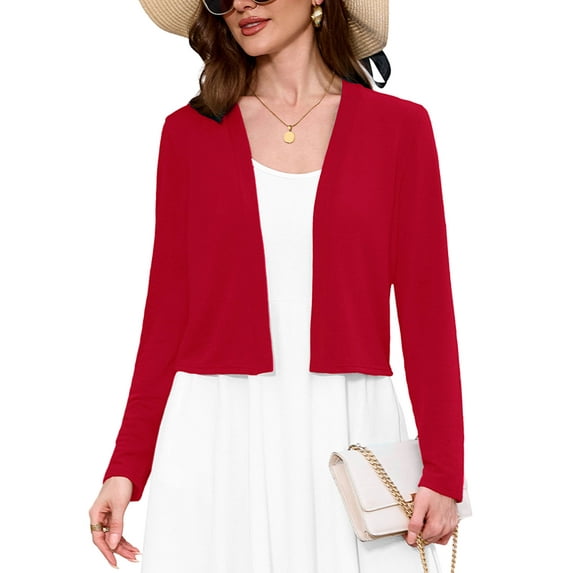 Chiclily Women's Long Sleeve Cropped Cardigans Sweaters Open Front Knit Short Shrugs for Dresses, Red M