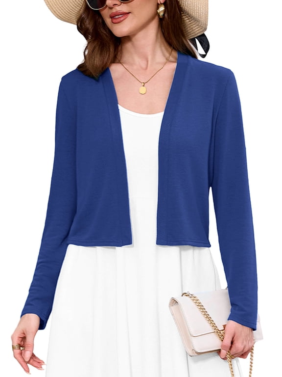 Women's Long Sleeve Cropped Cardigans Sweaters Open Front Knit Short Shrugs for Dresses, Royal Blue L