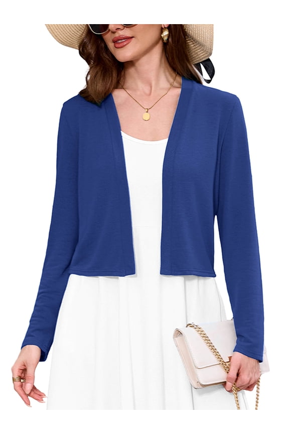 Women's Long Sleeve Cropped Cardigans Sweaters Open Front Knit Short Shrugs for Dresses, Royal Blue L