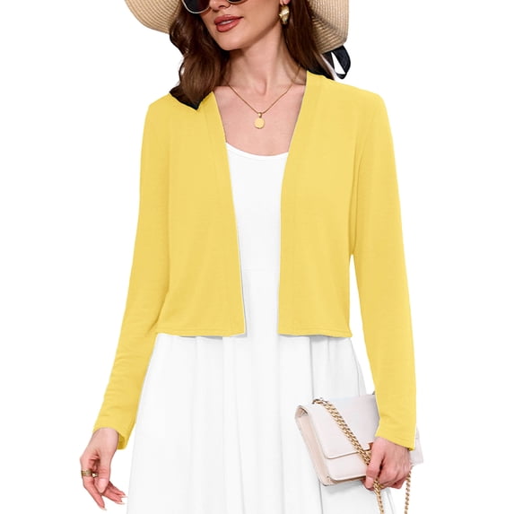 Chiclily Women's Long Sleeve Cropped Cardigans Sweaters Open Front Knit Short Shrugs for Dresses, Yellow 2XL