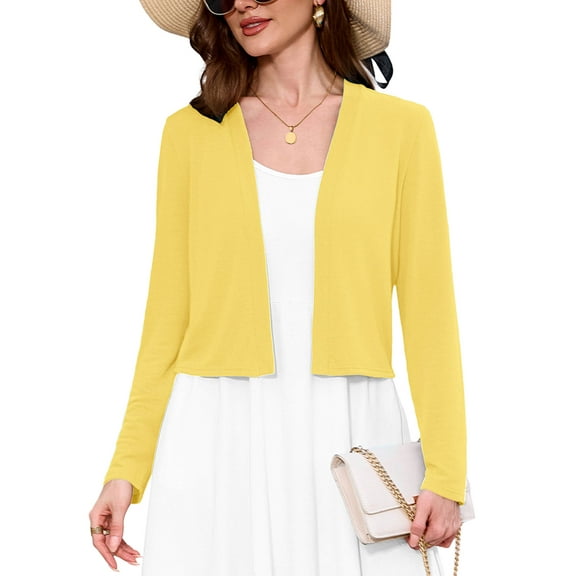 Chiclily Women's Long Sleeve Cropped Cardigans Sweaters Open Front Knit Short Shrugs for Dresses, Yellow L